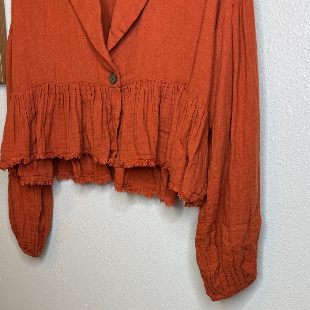 Free People Lyra Cotton Terracotta Ruffled Blouse Jacket -‎ Small - Picture 6 of 14